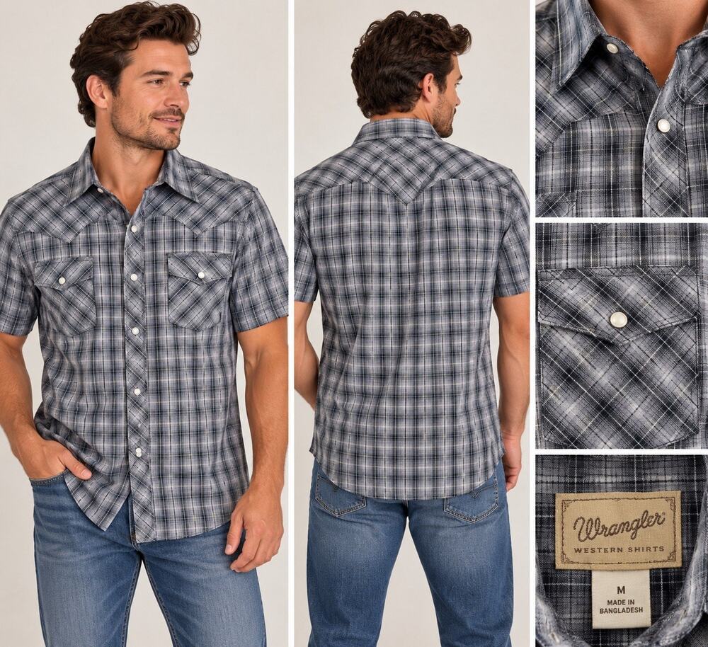 Wrangler Western Shirt Mens Gray Plaid Short Sleeve Pearl Snap Button M